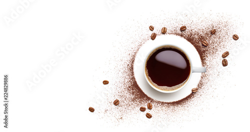 Black coffee, coffee beans and coffee powder