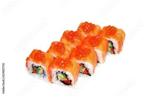 Roll with caviar of salmon. Sushi with caviar of flying fish. Japanese food on a beautiful dish.