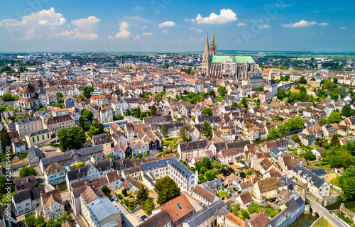 Aerial view of Chartres city with the Cathedral. A UNESCO world heritage site in Eure-et-Loir, France