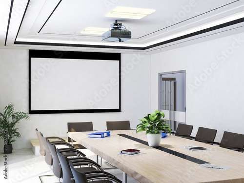 Large conference room with projectors, conference tables and chairs, etc.