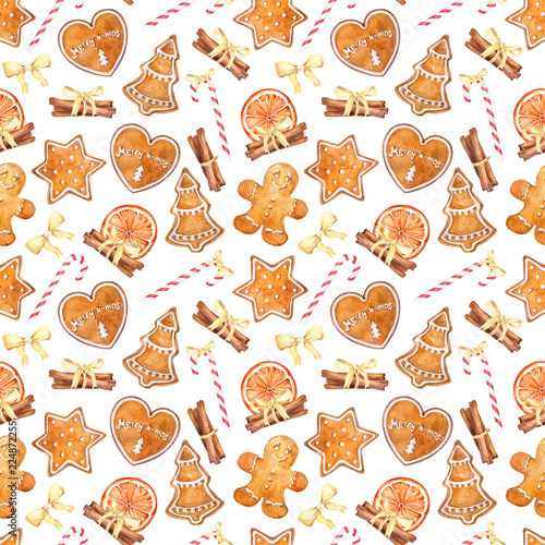 Watercolor christmas seamless pattern with gingerbread cookies, cinnamon and candy cane.