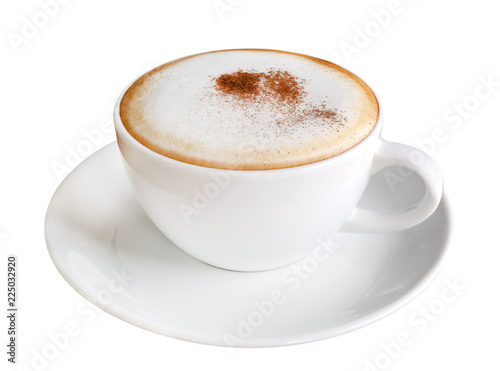 Hot coffee cappuccino in ceramic cup isolated on white background, clipping path included