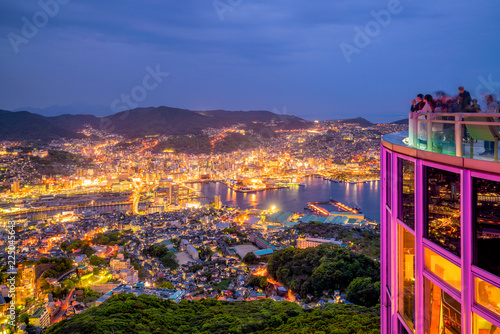 Beautiful Panorama Aerial View of Nagasaki Skyline at night