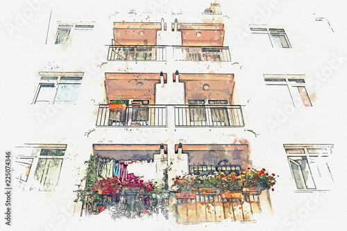 A watercolor sketch or illustration of a traditional apartment house in Istanbul, Turkey.