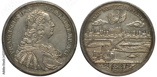 Holy Roman Empire of German Nation City of Regensburg silver coin 1 one thaler 1745, bust of Emperor Franz I in rich clothes right, city view, buildings and churches on riverbank, rowing boat right to