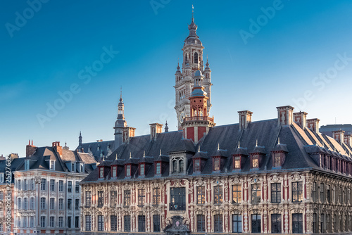 Lille, old facades in the center, the belfry of the Chambre de Commerce in background 