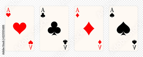 Set of four aces playing cards suits. Winning poker hand. Set of hearts, spades, clubs and diamonds ace