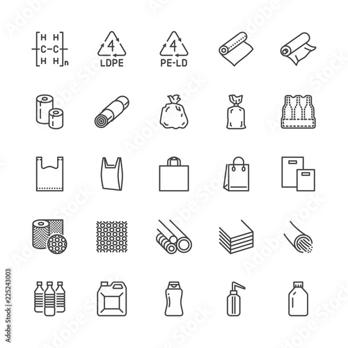 Low density polyethylene flat line icons. LDPE products - food package film, thermoresistant paper, garbage bag, plastic bottle, bubble wrap vector illustrations. Pixel perfect 64x64. Editable Strokes