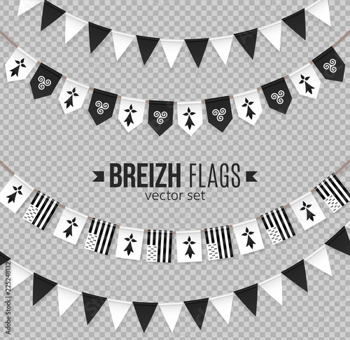Black and white breton little flags garlands vector set. Pennants of Brittany with hermines and triskels