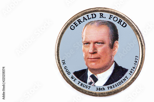 Gerald R. Ford Presidential Dollar, USA coin a portrait image of GERALD R. FORD IN GOD WE TRUST 38th PRESIDENT 1974-1977, $1 United Staten of Amekica, Close Up UNC Uncirculated - Collection