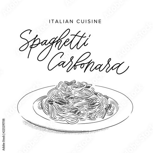 italian pasta spaghetti carbonara on a plate, sketch style vector illustration