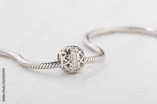 Silver charm bead with diamonds for chain bracelet