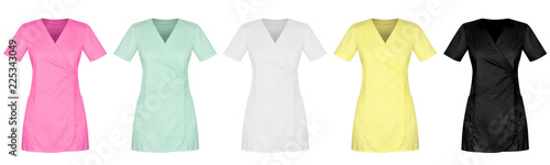 Front of lady medical uniform in five colors isolated on white background
