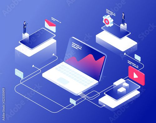 Network and affiliate marketing concept. Referral programs business clients recommendation. Internet revenue isometric background. Affiliate management internet line illustration