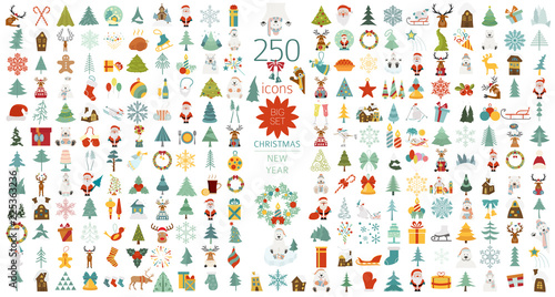 Christmas, New Year holidays icon big set. Flat style collection. Vector illustration