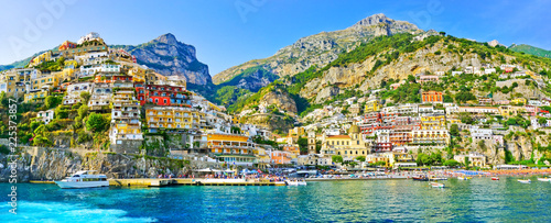 View of Positano village along Amalfi Coast in Italy in summer.