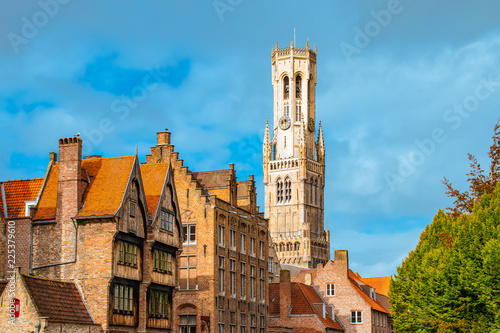 Bruges, Belgium. Historical houses and Belfry tower.