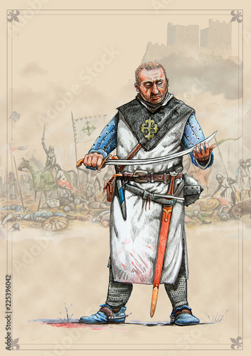 Medieval knight of Order of Aviz, XIIIc. Historical illustration.