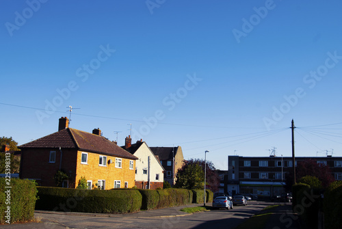 United Kingdom, Corby. October 1, 2018: English traditional brick house. Blue sky.