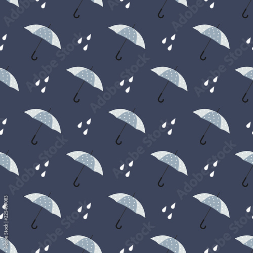 Rainy day with umbrella seamless pattern in blue color. Repeating rain texture.