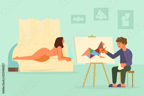 Painter artist drawing from nude model vector illustration