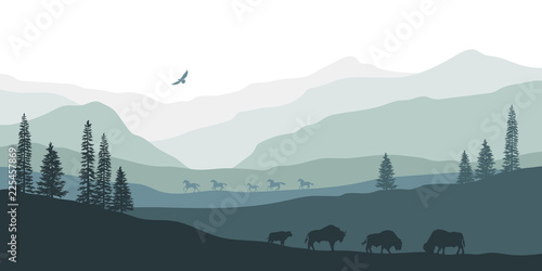 Black silhouette of mountain landscape. American bison. Natural panorama of forest animals. Isolated western scenery. Wildlife scene