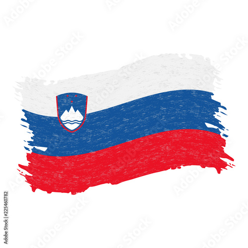 Flag of Slovenia, Grunge Abstract Brush Stroke Isolated On A White Background. Vector Illustration. National Flag In Grungy Style. Use For Brochures, Printed Materials, Logos, Independence Day