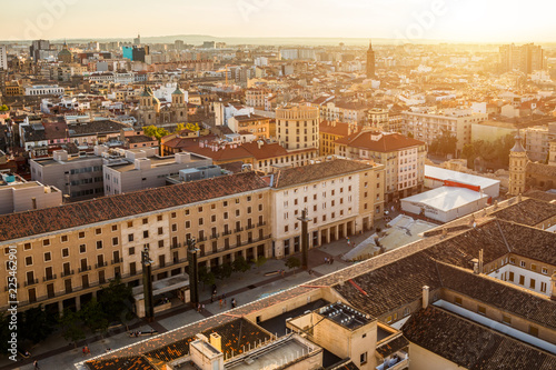Sunset view of Zaragoza, Spain, from one of the towers of the Pilar Basilica