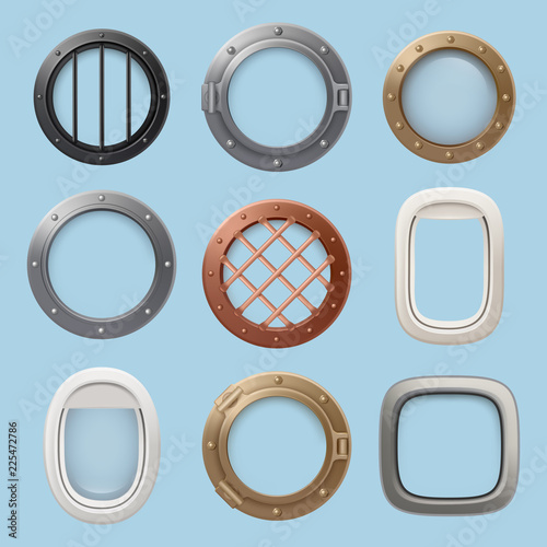 Aircraft window. Plane, jet ship or submarine interior with futuristic glass portholes of various shapes vector collection. Illustration of porthole glass frame, window submarine and airplane