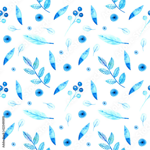 Seamless pattern with blue plant elements on a white background