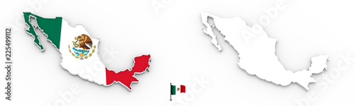 3D map of Mexico white silhouette and flag