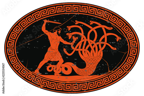 Hercules kills the Lyrna Hydra. 12 exploits of Hercules. Oval medallion isolated on a white background.