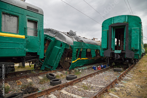 Broken train for training at the training ground of the Noginsk Rescue Center. Town of Noginsk, Moscow region, Russia