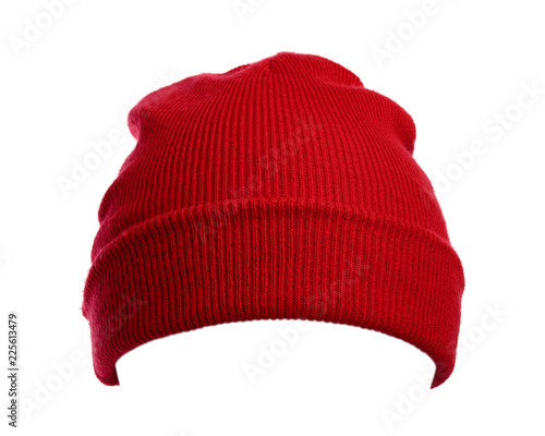 Red wool hat isolated on white background.