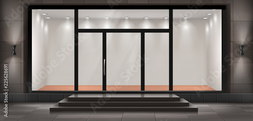 Vector illustration of storefront with steps and entrance door, glass illuminated showcase for presentations and museum exhibitions. Large shop window, empty fashion boutique or showroom with lights