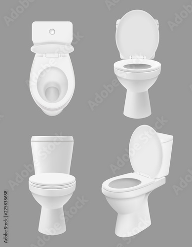 Realistic clean toilet. White bowls in bathroom or washing room various views of close up toilet. Vector hygiene concept pictures. Toilet clean hygiene, sanitary wc bathroom illustration