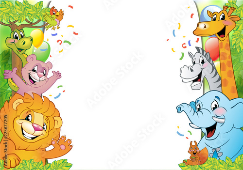 Cartoon cheerful animals, holiday background