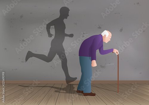 Un vieux monsieur se déplace à l’aide d’une canne et projète sur un mur une ombre d’un jeune homme qui court