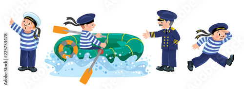 Funny sailors with boat and captain set
