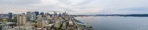 Aerial panorama Seattle Skyline harbor port