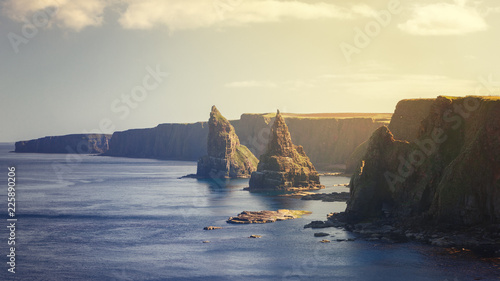 Sunset at Stacks of Duncansby, observatory and bird farm, Duncansby Head, John o 'Groats, Caithness, Scotland