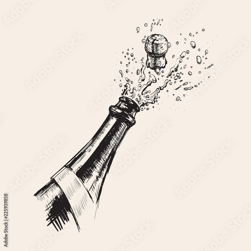 Hand drawn Illustration of Champagne explosion. Hen party. 