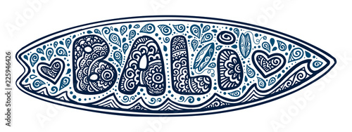Dark blue doodle style vector surfing board with Bali sign, waves and hearts isolated on white background