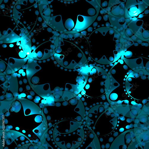 Vector abstract seamless blue pattern of soap bubbles and gears in azure design on a black background for fabrics or gift paper.