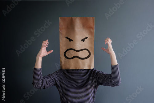 Customer Experience or Human Emotional Concept. Woman Covered her Face by Paper Bag and present Angry Feeling by Drawn Line Cartoon and Body Language