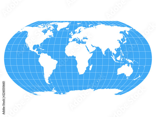 World Map in Robinson Projection with meridians and parallels grid. White land and blue seas and oceans. Vector illustration.