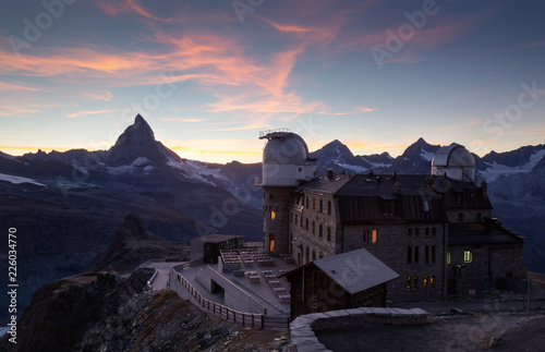 Planetarium at the Gornergrat and the Matterhorn during a nice sunet in Switzerland.