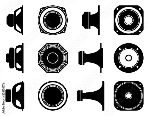 Set of speaker driver icons. Subwoofer, horn and tweeter. Silhouette vector