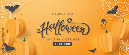 Happy Halloween sale banners or party invitation background.Vector illustration .calligraphy of "halloween"