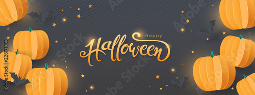 Happy Halloween sale banners or party invitation background with paper bats and pumpkins.Vector illustration .